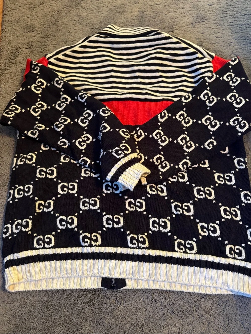Gucci Striped Zip Knit Cardigan in Deep Navy, White & Red
